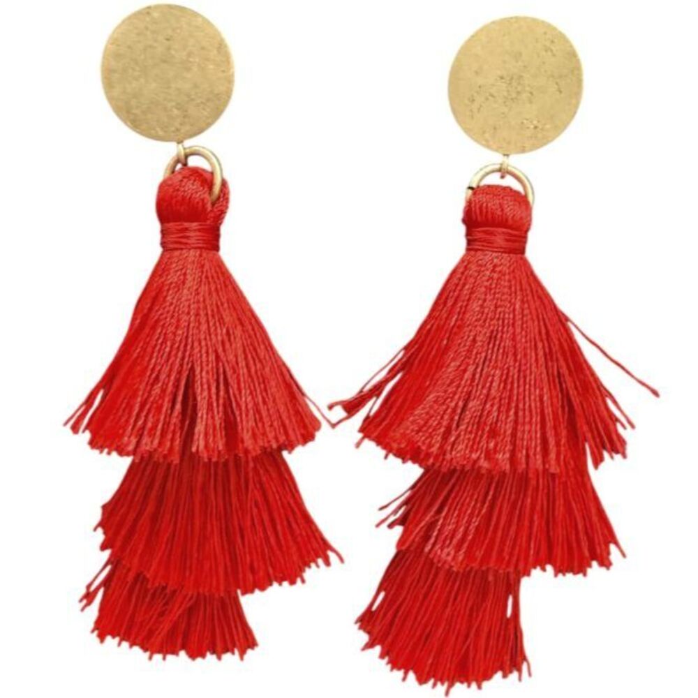 J.Crew Red Three Tier Silky Fringe Tassel Disc Style Drop Statement Earrings